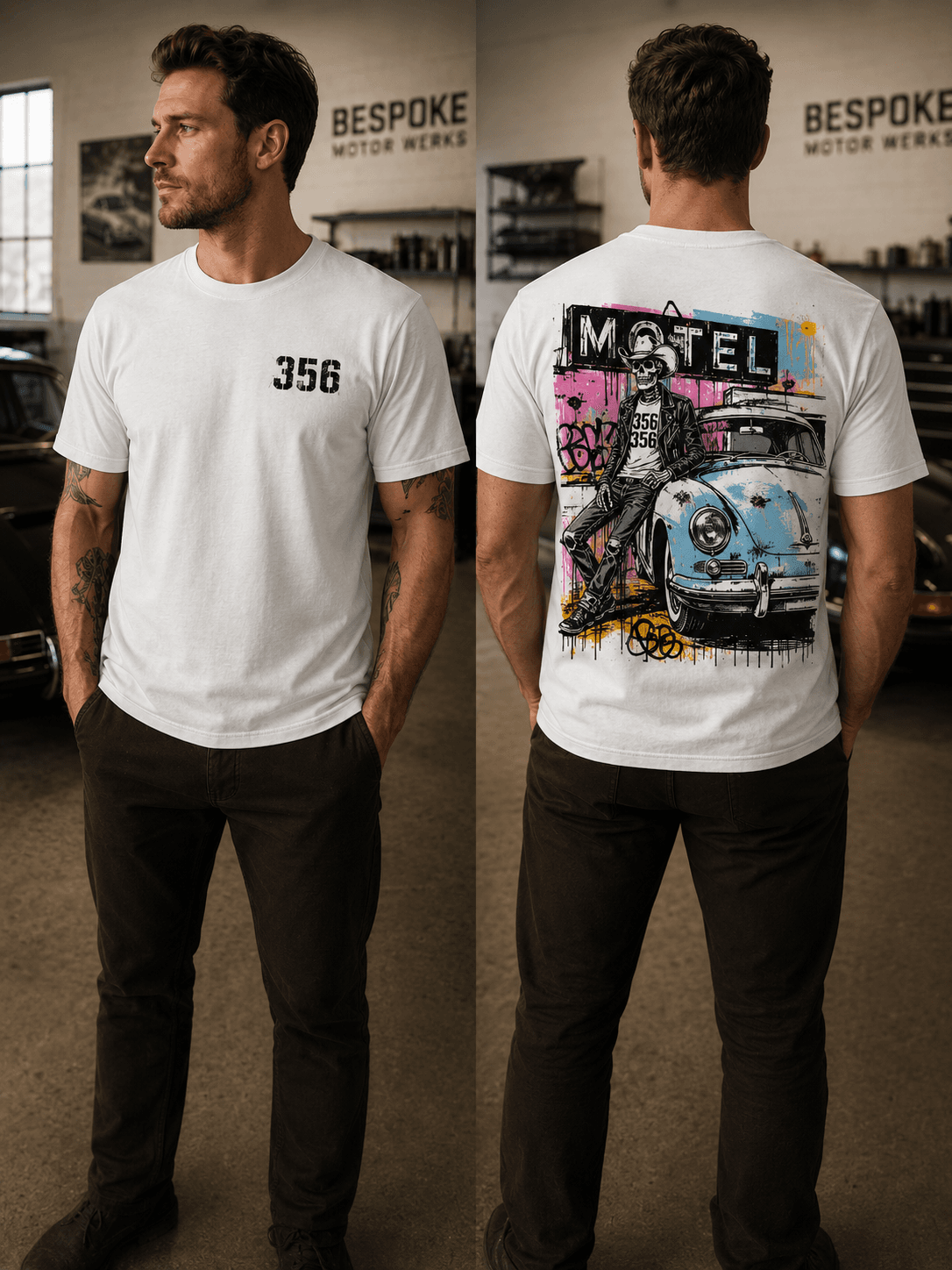 356 Motel Tee — Bespoke Motor Werks — holding photograph